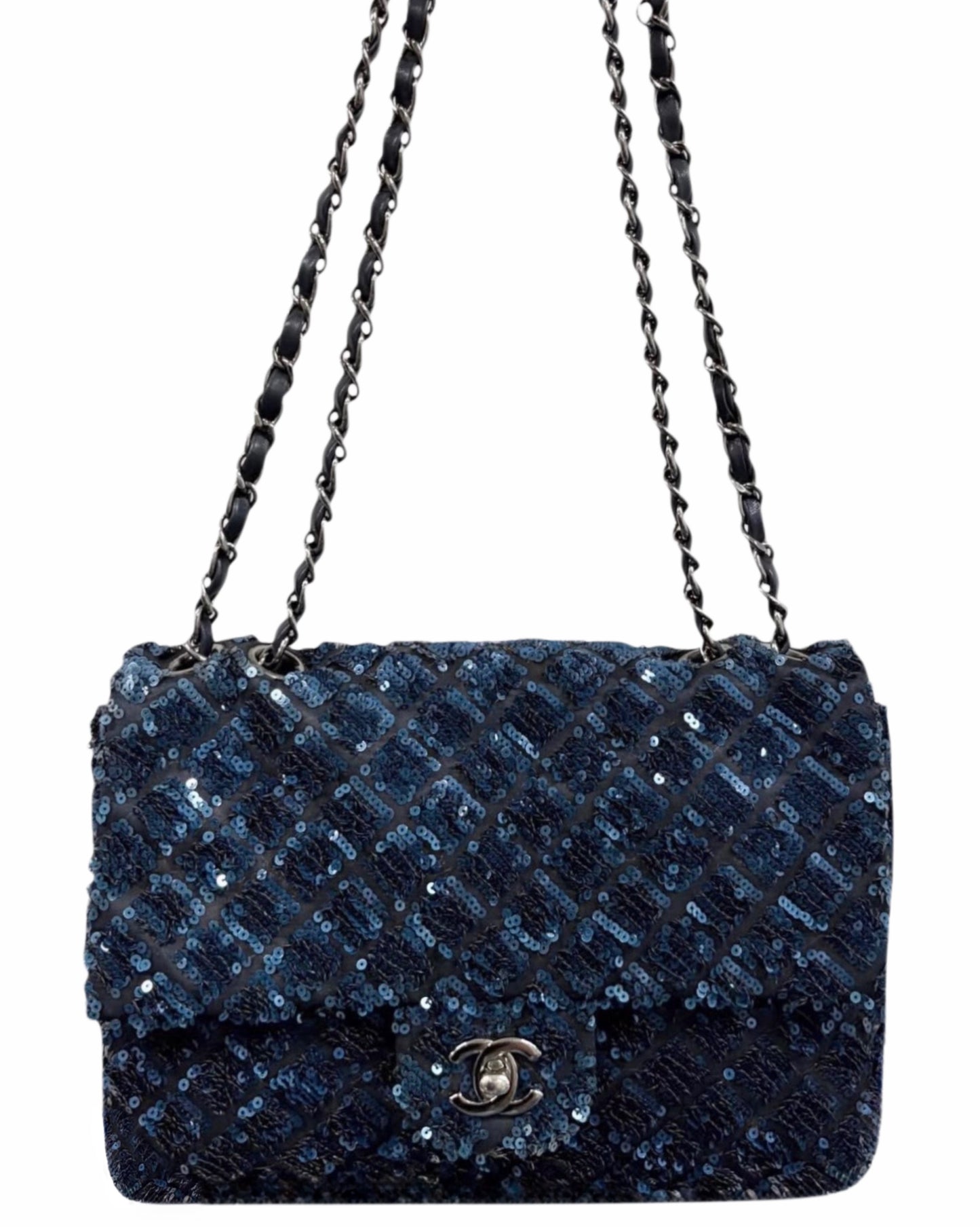 Chanel 2012 Navy Blue Quilted Sequin Medium Single Flap Bag with Silver Hardware