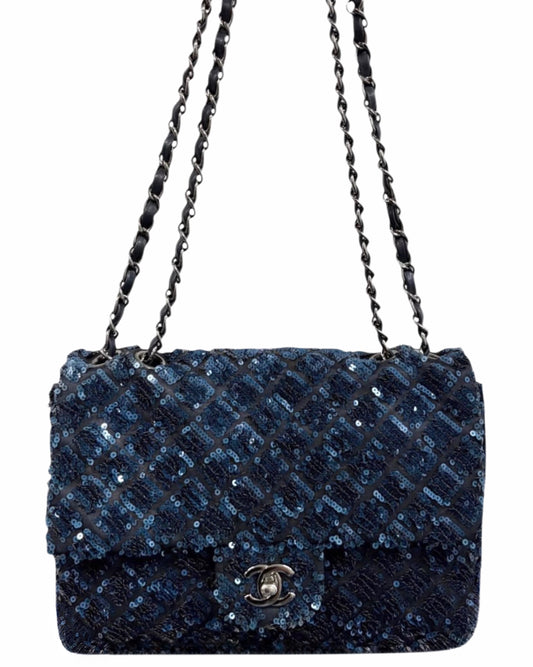 Chanel 2012 Navy Blue Quilted Sequin Medium Single Flap Bag with Silver Hardware