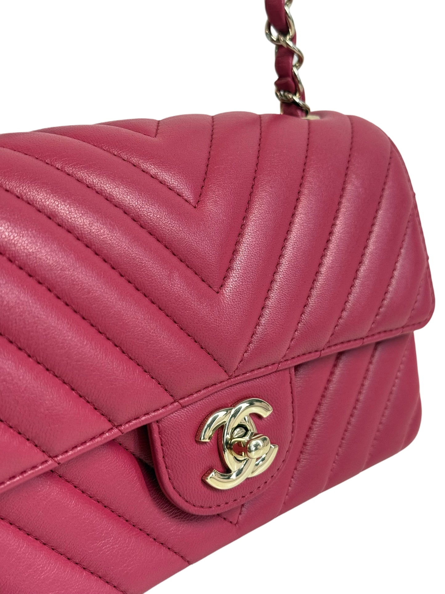 Chanel 2019 Fuchsia Pink Chevron Lambskin Mini Rectangular Classic Flap Crossbody Bag