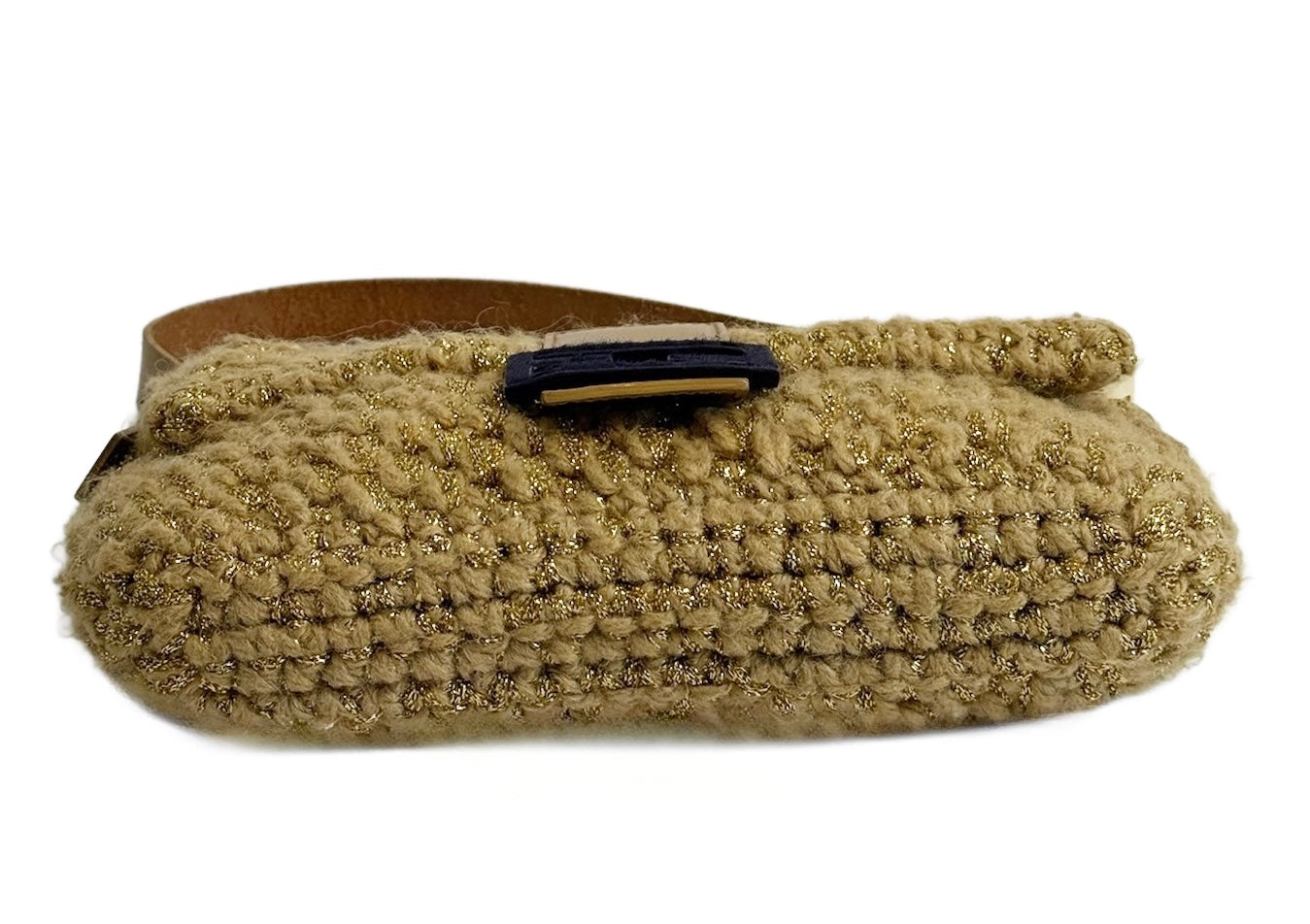Fendi Vintage Metallic Gold Woven Wool Knit Shoulder Baguette Bag w Purple Pony Hair Logo