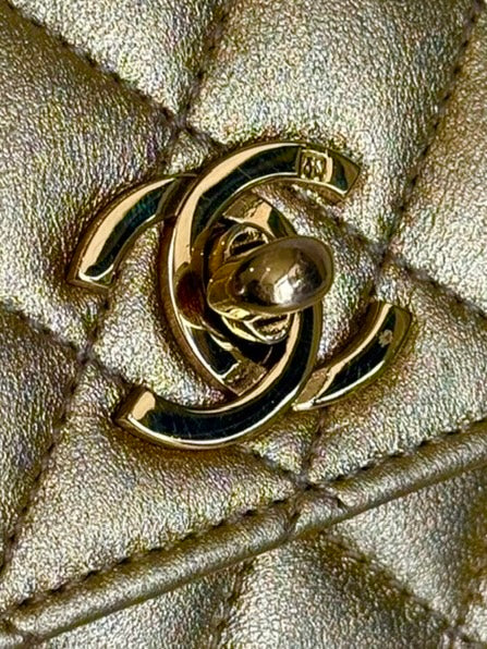 Chanel Vintage 90’s Metallic Gold Quilted Lambskin Micro Mini Square Flap Bag with 24K GPHW