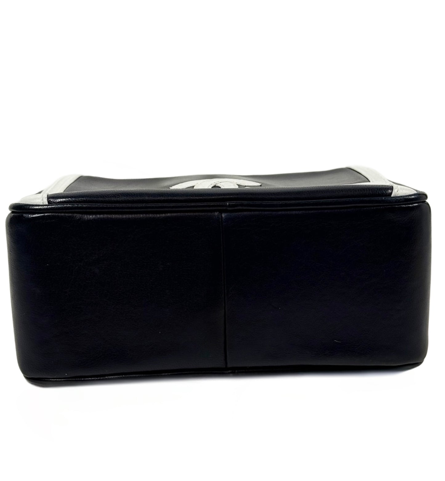 Chanel Vintage 90s Navy Blue White Lambskin Leather Trim Tassel Camera Shoulder Bag