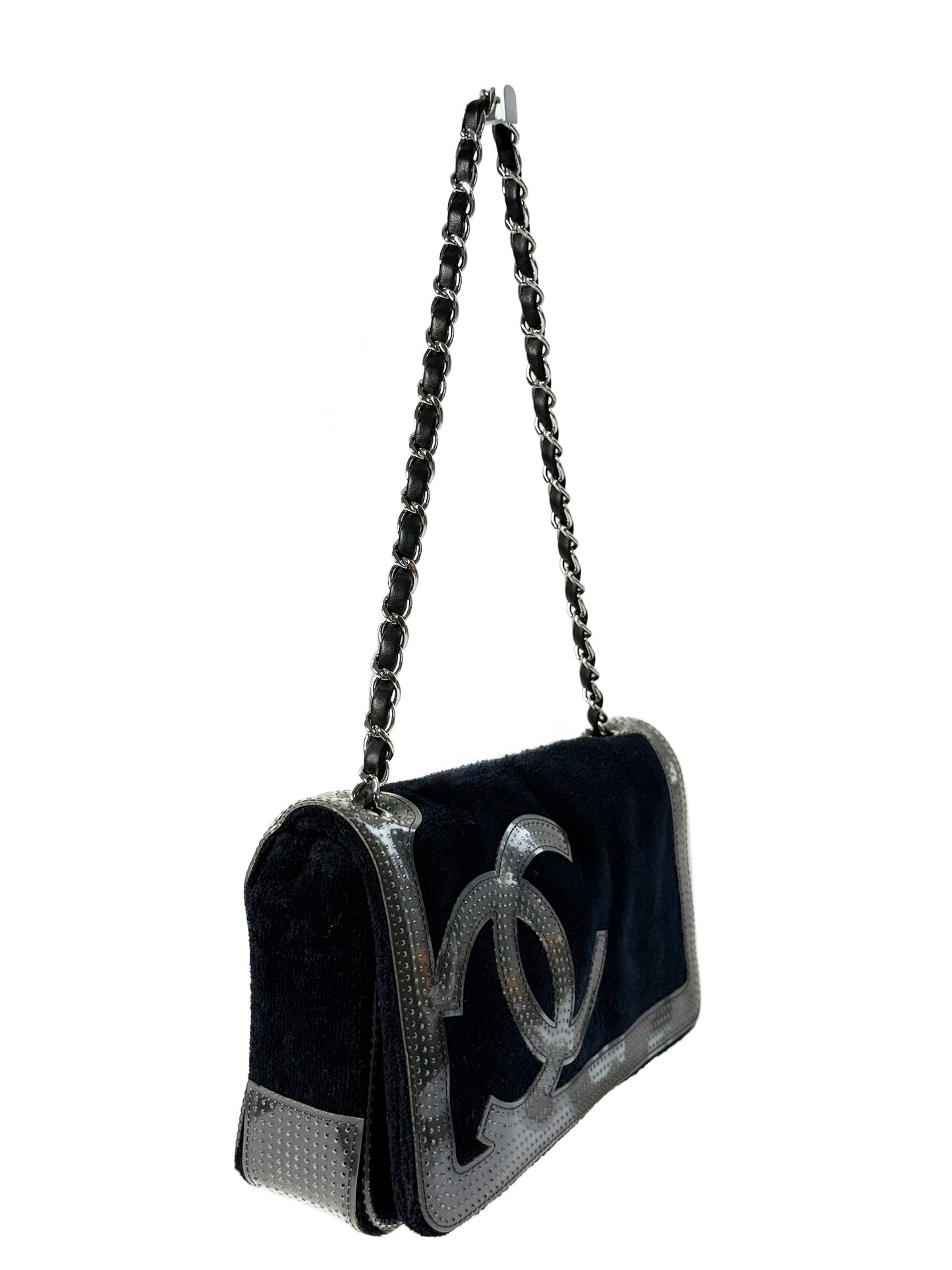 Chanel Vintage Black Terry Cloth PVC CC Sport Line Chain Shoulder Flap Bag