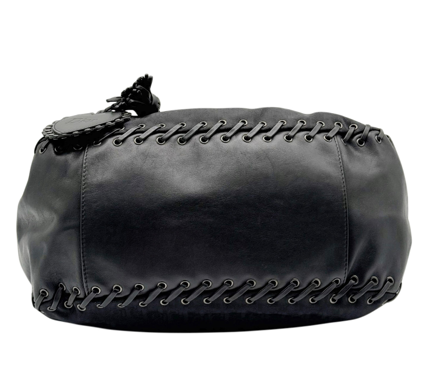 Dior Vintage 2007 Black Diorissimo Monogram Nylon & Leather Lace Up Corset Shoulder Tote Bag with Heart Charm