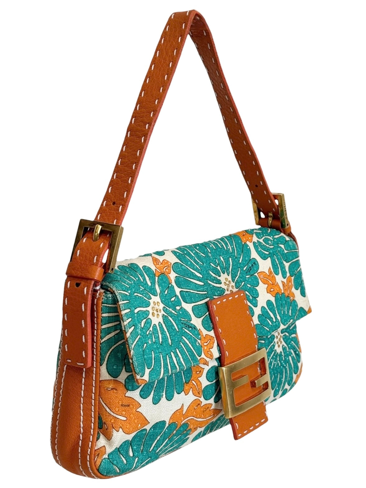 Fendi Vintage Turquoise & Orange Crystal Floral Selleria Leather Trim Shoulder Baguette Bag