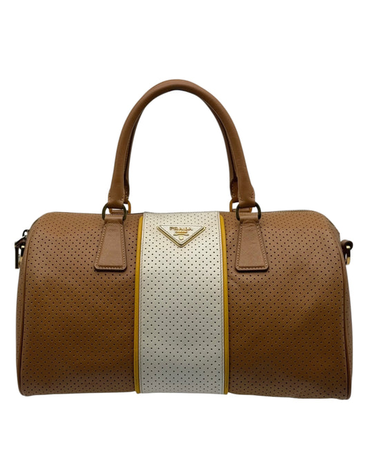 Prada Vintage Beige & White Striped Perforated Leather Small Boston Top Handle Bag