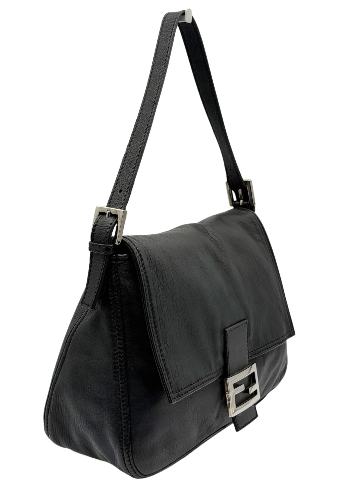 Fendi Vintage Black Lambskin Leather Mamma Baguette Shoulder Bag