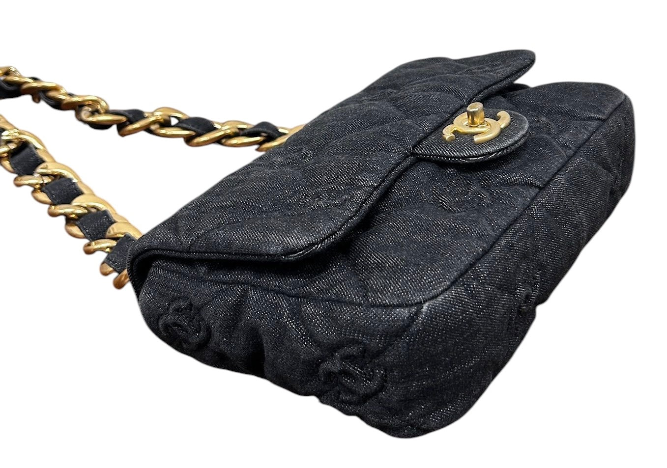 Chanel Black CC Embossed Quilted Denim Funky Town Flap Bag with Aged Gold Hardware