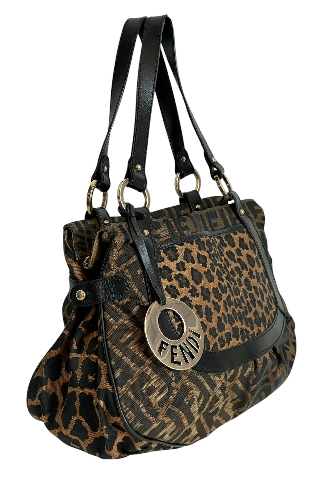 Fendi Vintage Brown Zucca Monogram Leopard Print Large Chef Shoulder Hobo Bag