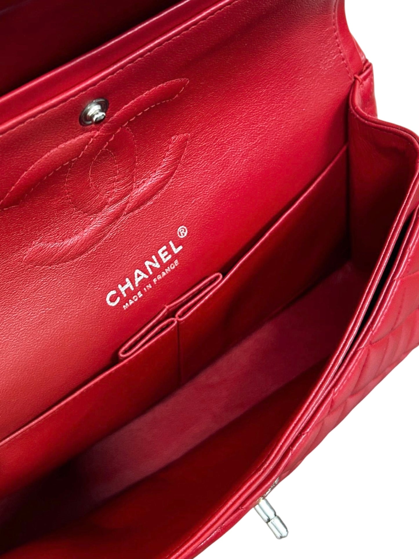 Chanel Red Quilted Lambskin Medium Classic Double Flap Bag with Silver Hardware