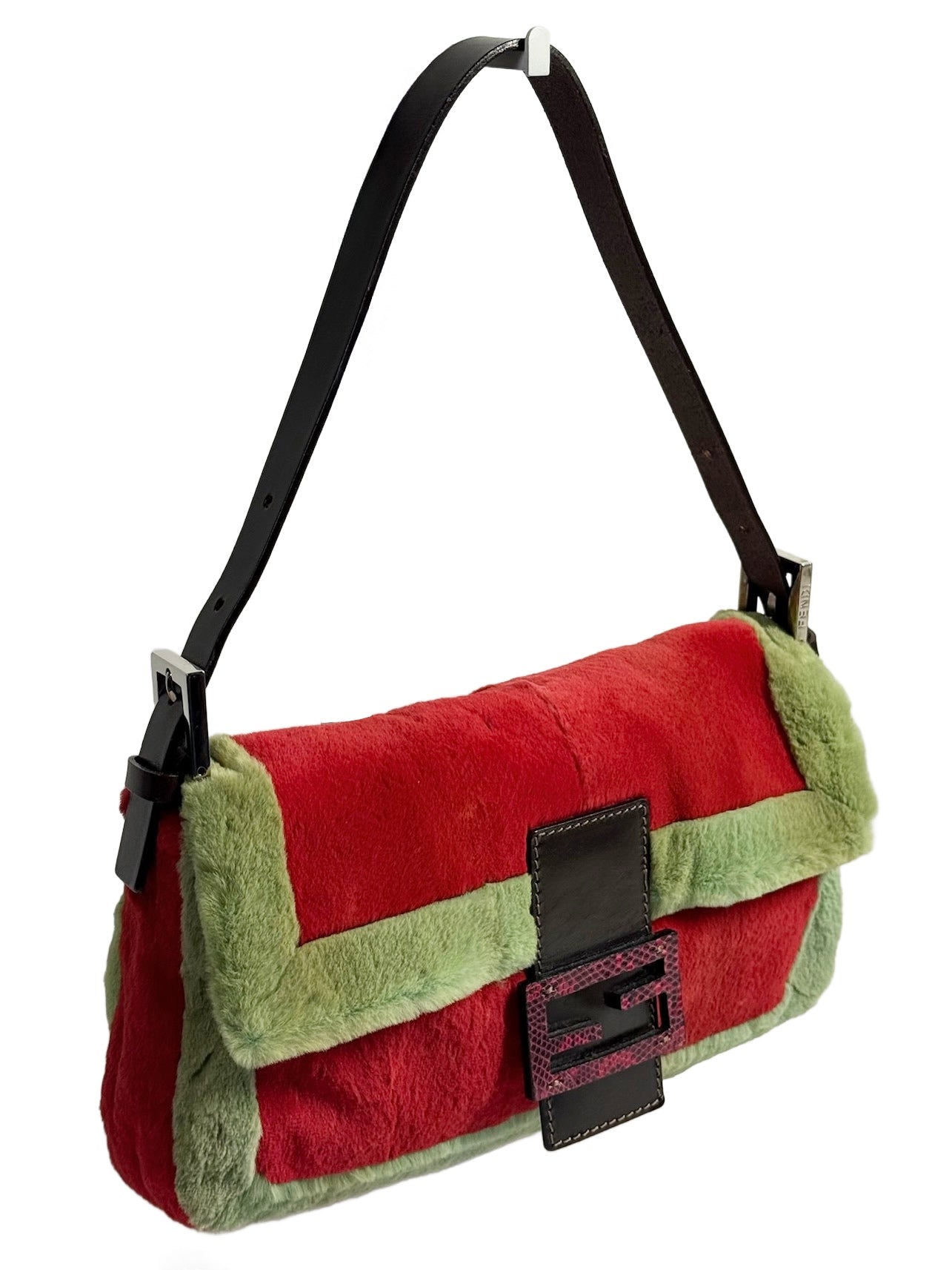 Fendi Vintage Red & Green Rabbit Fur Lizard Trim Shoulder Baguette Bag