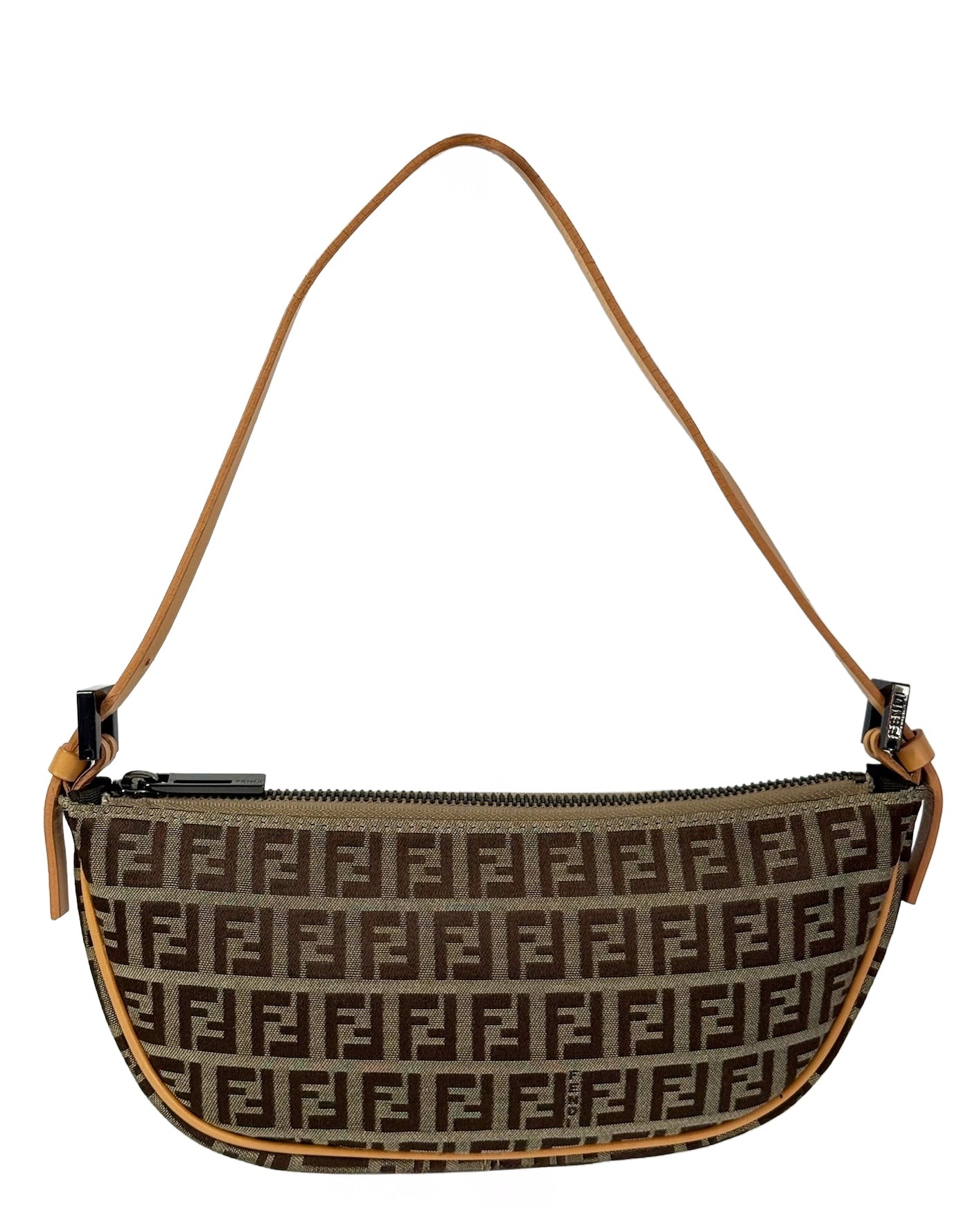 Fendi Vintage Light Brown Zucca Zucchino Monogram Small Shoulder Half Moon Pochette Bag