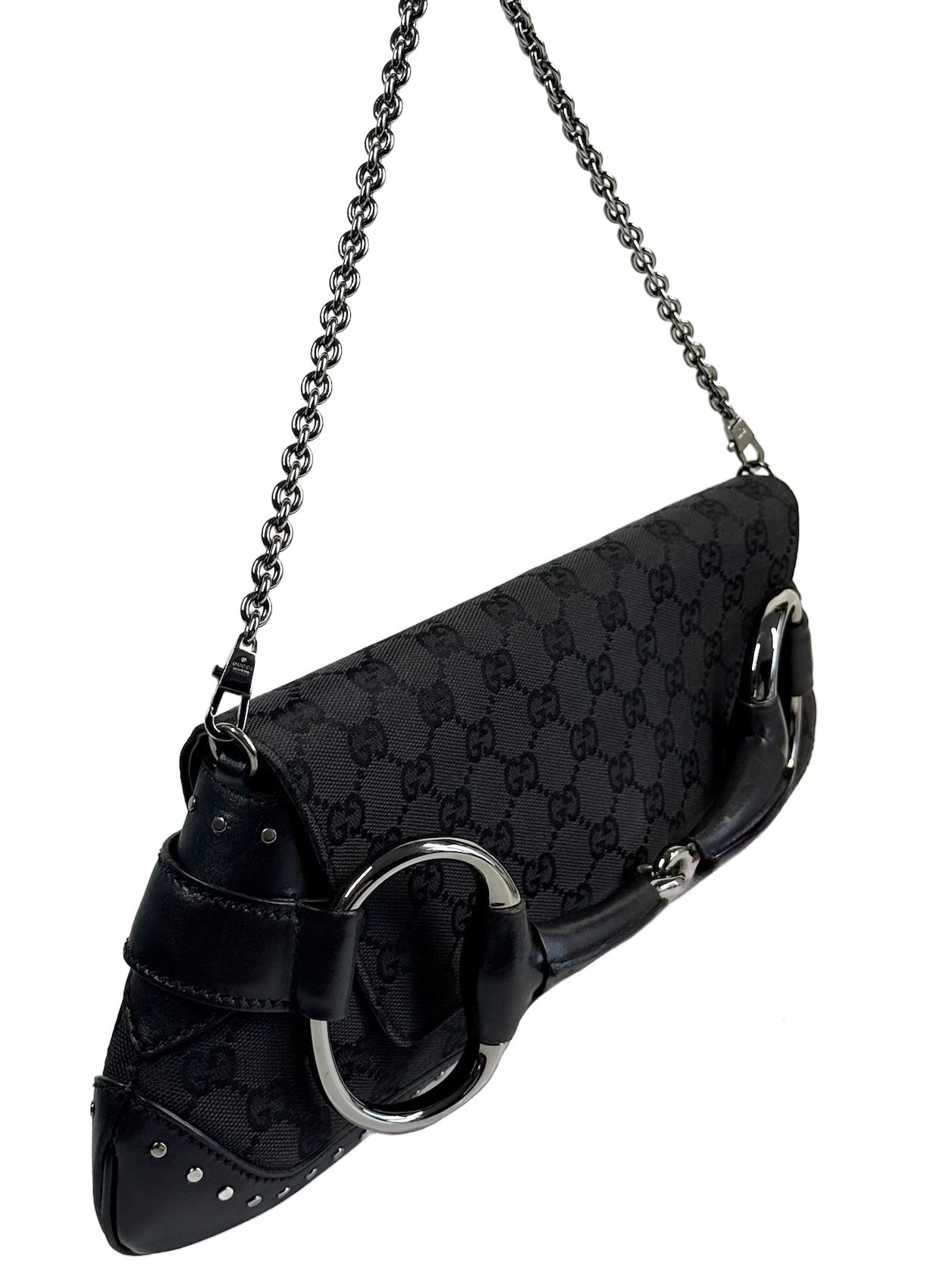 Gucci Vintage Black GG Monogram Large Horsebit Shoulder Clutch Pochette Bag