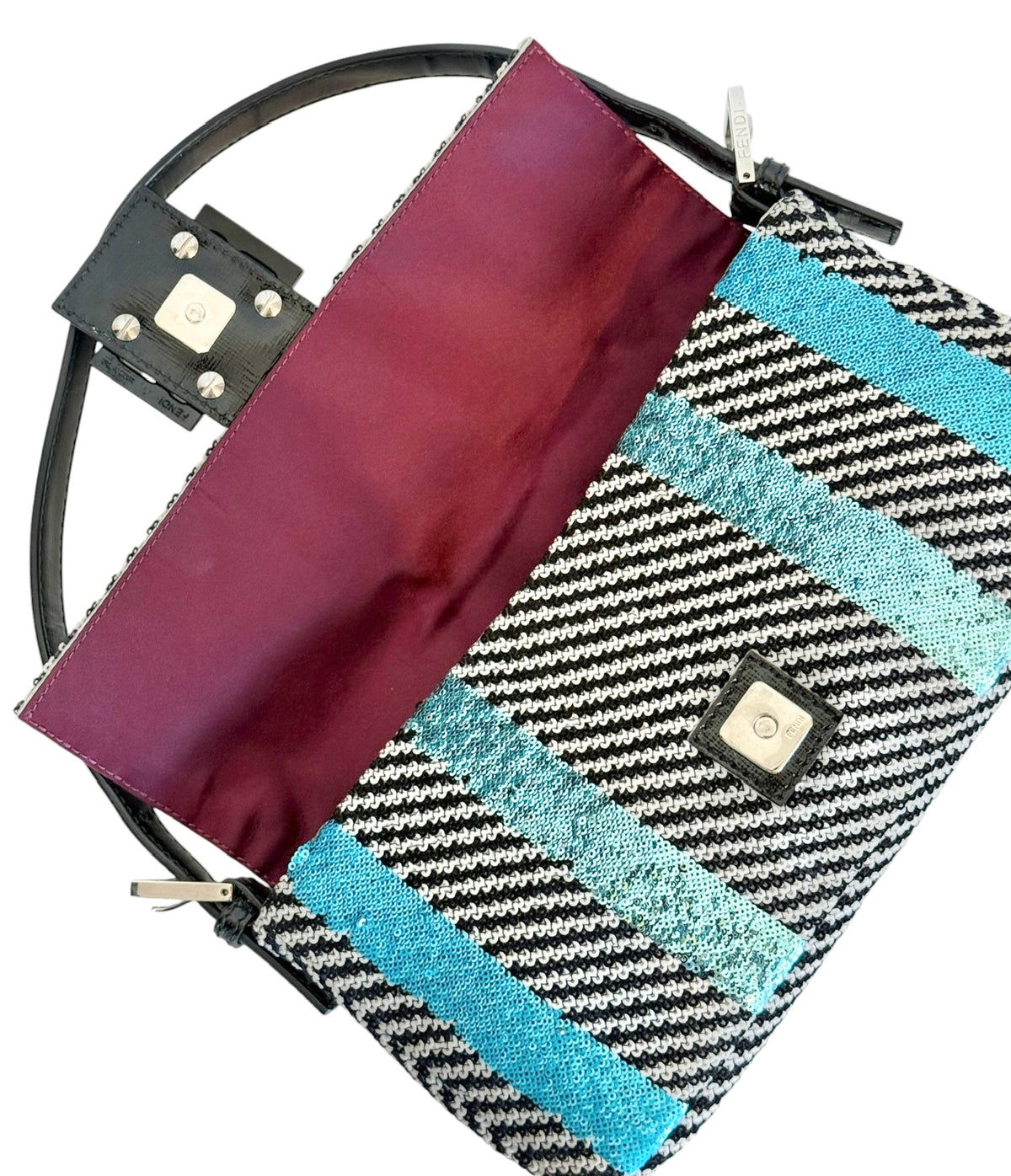 Fendi Black & White Velour Chevron Sequin Multi-color Shoulder Baguette Bag with Black Patent Leather Trim