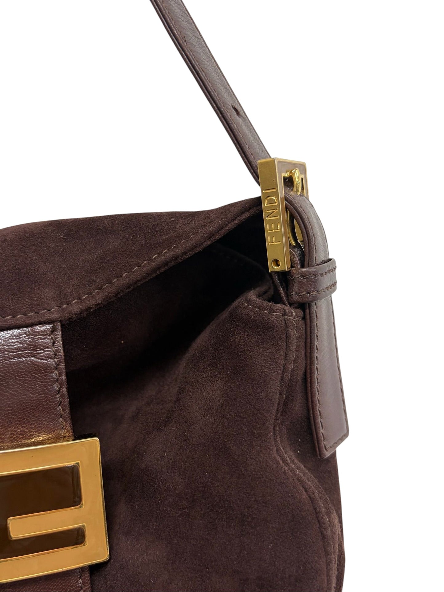 Fendi Vintage Brown Suede Double Flap Bucket Shoulder Baguette Bag 