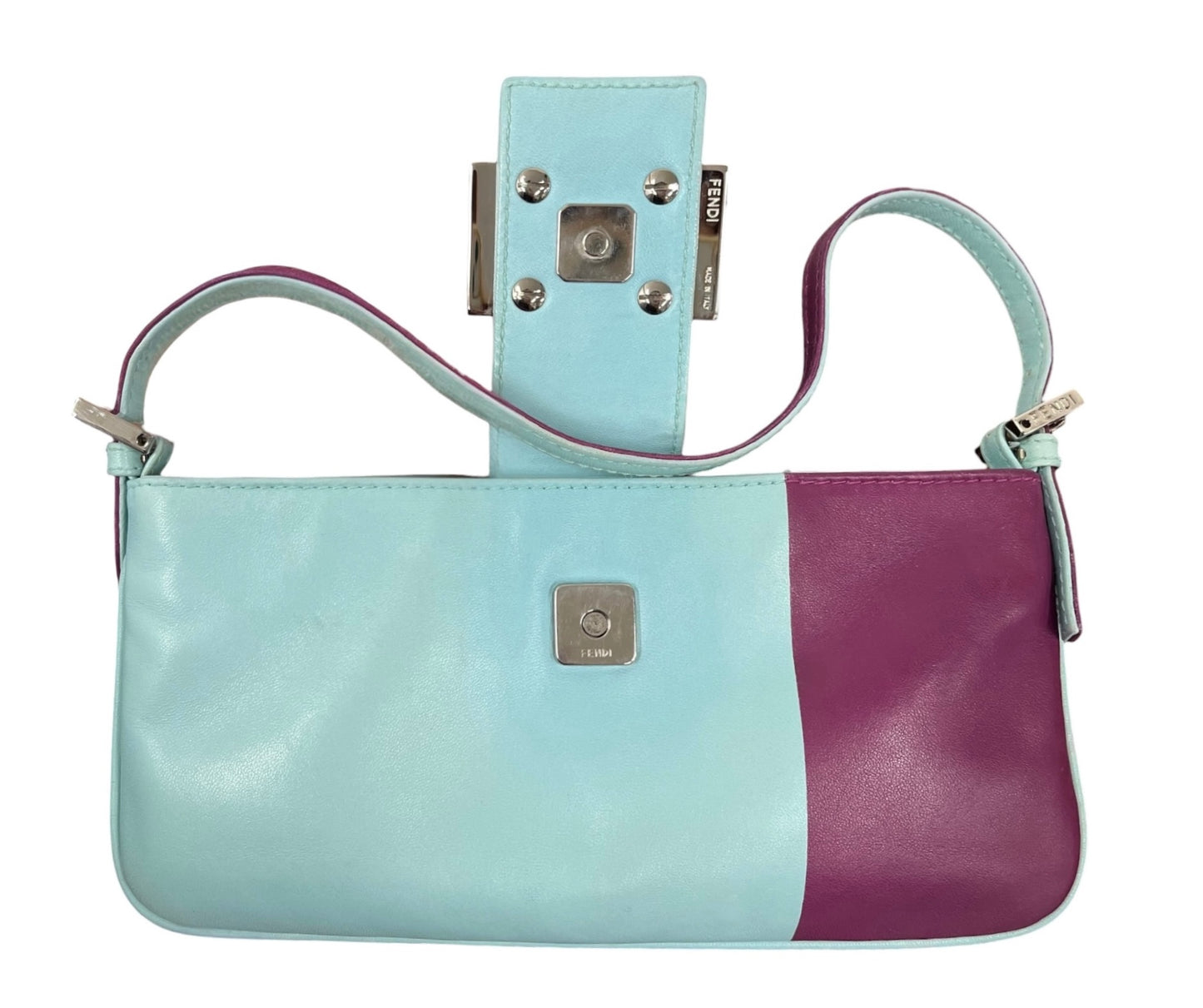 Fendi Vintage Bicolor Blue & Purple Lambskin Flat Baguette Pochette with Swirl Design Buckle