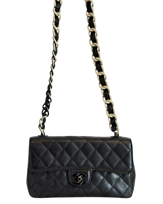Chanel Vintage 00s Black Quilted Lambskin Rectangular Mini Flap Bag with B&W Resin Chain Strap