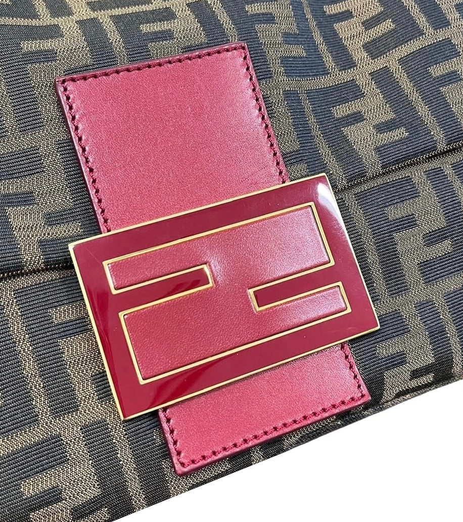 Fendi Vintage Brown Zucca Monogram Canvas Red Leather Trim XL Jumbo Mamma Baguette Shoulder Bag