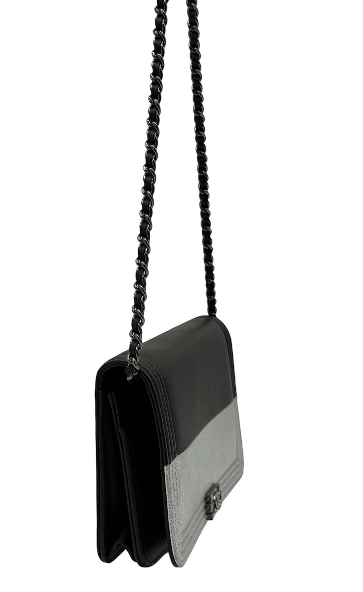 Chanel Black & Metallic Silver Lambskin Two-Toned Boy Wallet on Chain Bag