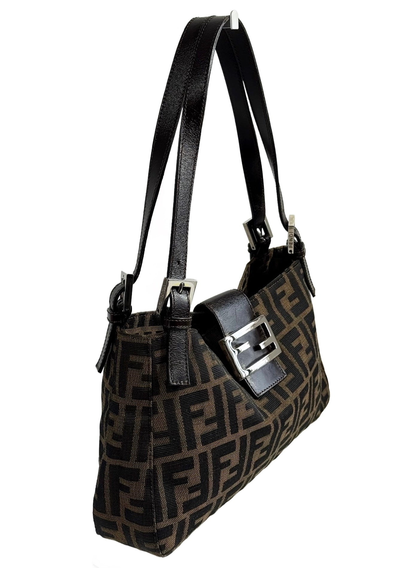 Fendi Vintage Classic Brown Zucca Monogram Medium Open Top Shoulder Baguette Bag