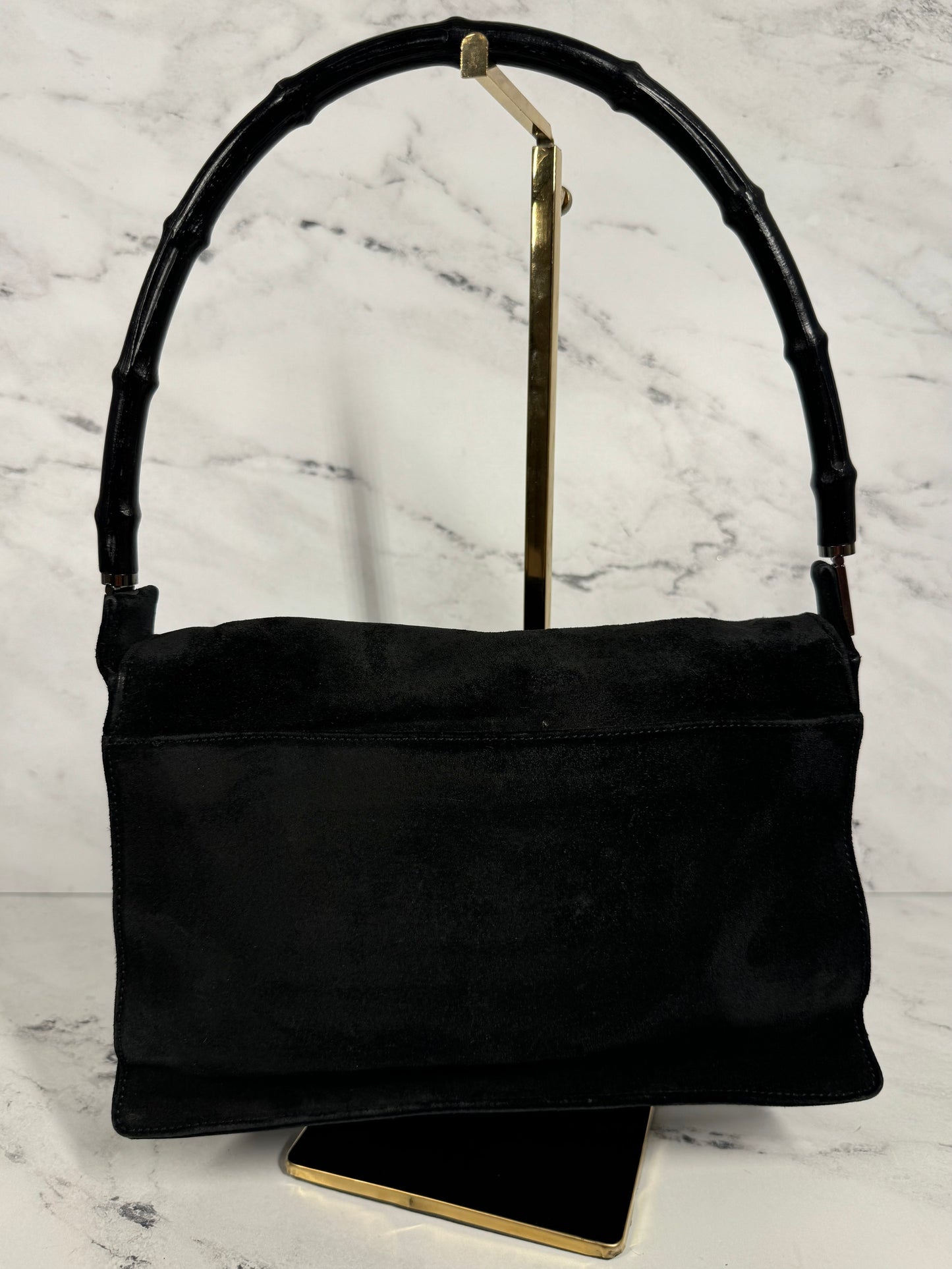 Gucci Vintage Black Suede Bamboo Top Handle Bag