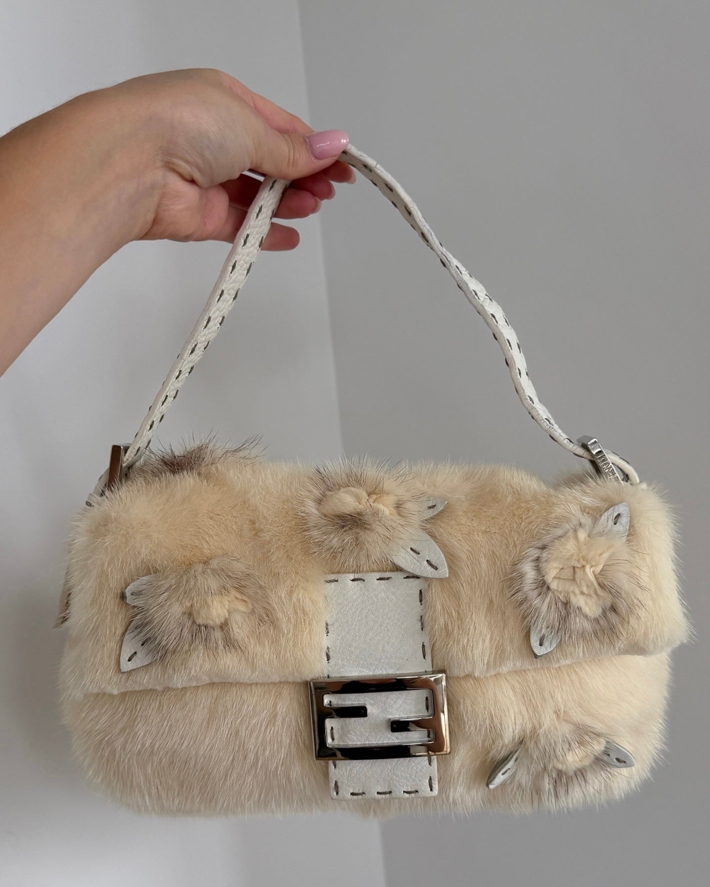 Fendi Vintage Ivory Rabbit Fur Selleria Leather Trim Shoulder Baguette Bag with Rose Details