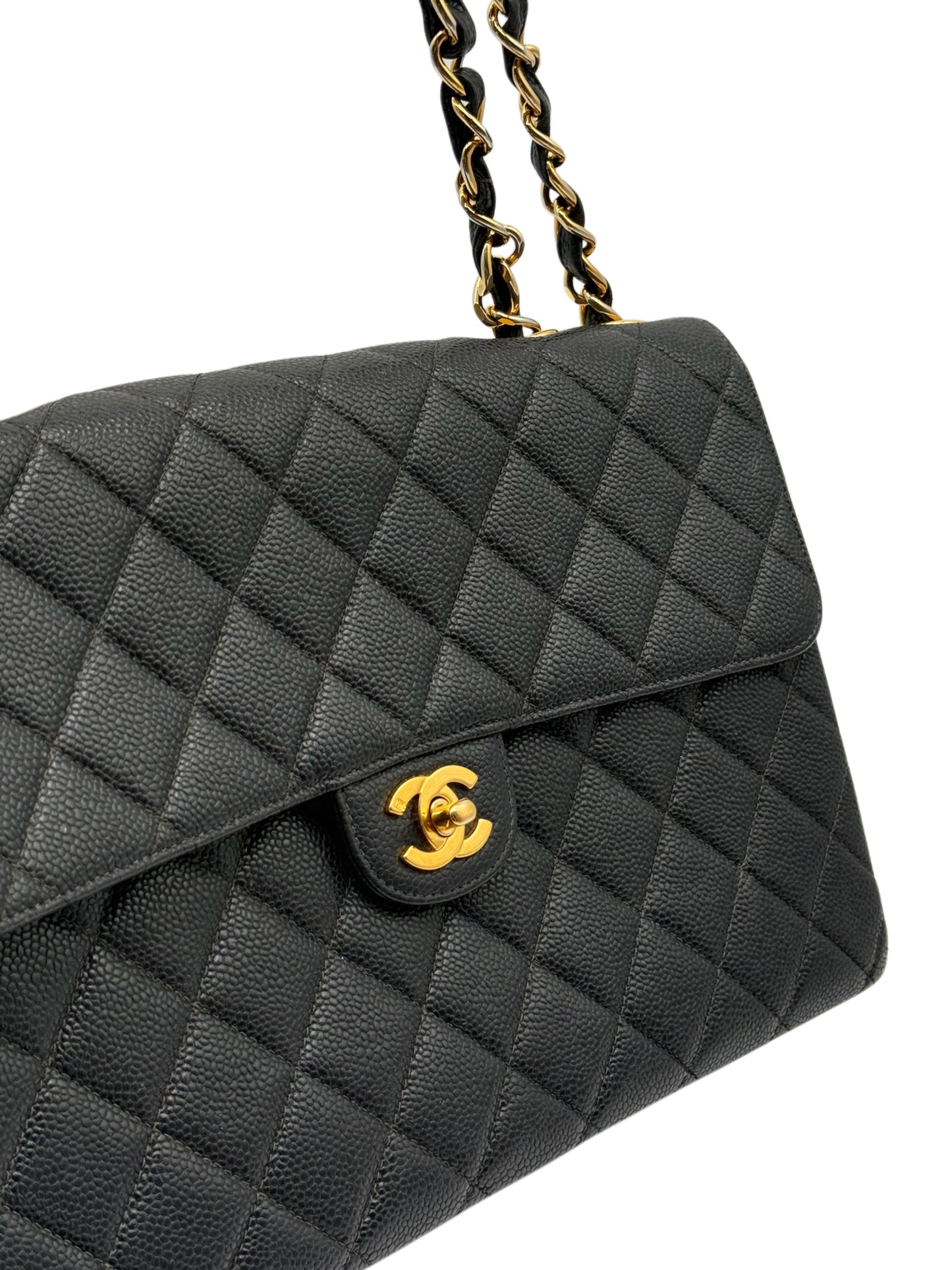 Chanel Vintage 00s Black Quilted Caviar Maxi Classic Single Flap Bag with 24K GPHW