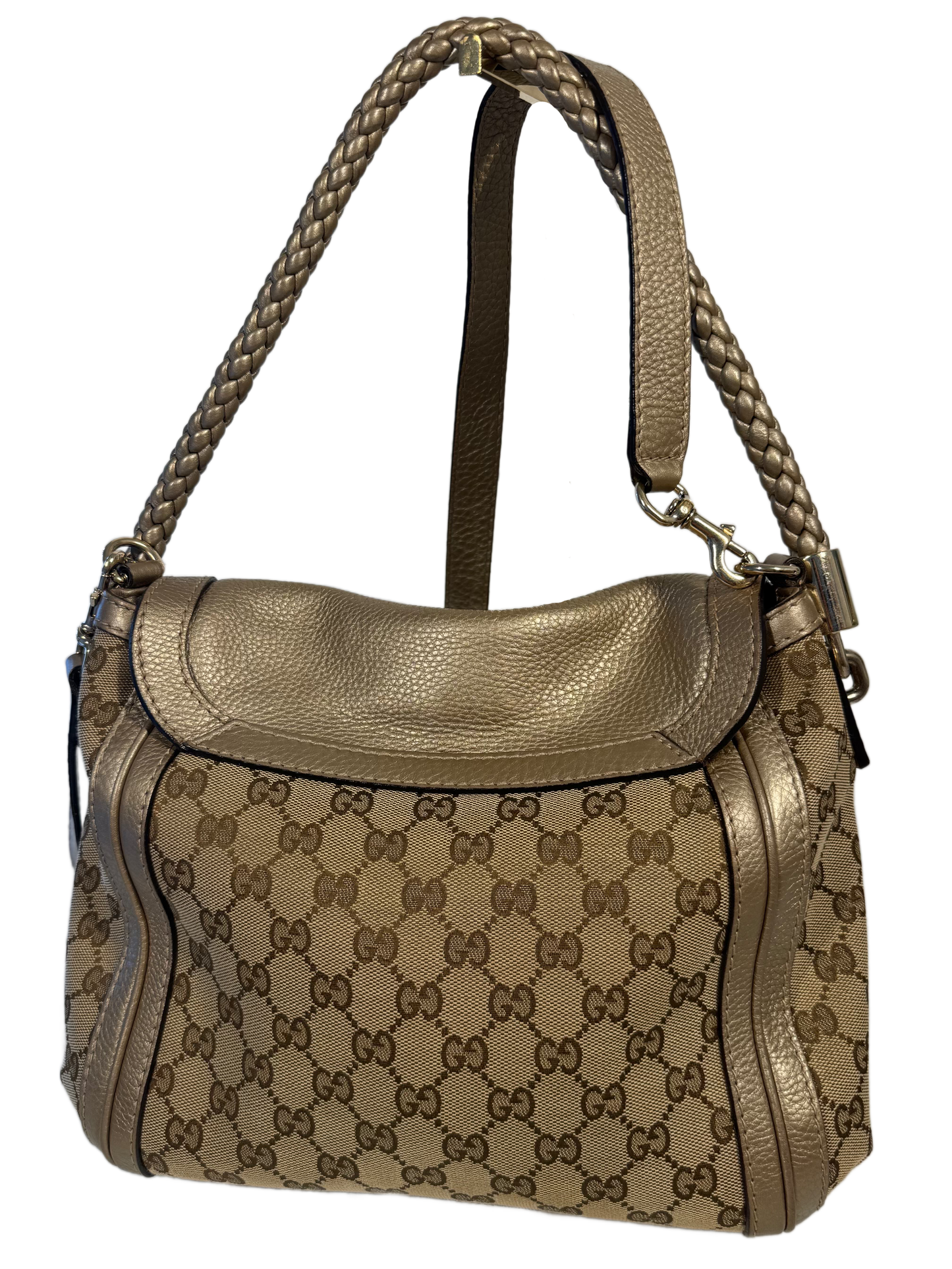 Gucci Vintage Brown GG Monogram Canvas & Gold Leather Bella Bow Flap Medium Shoulder & Crossbody Bag