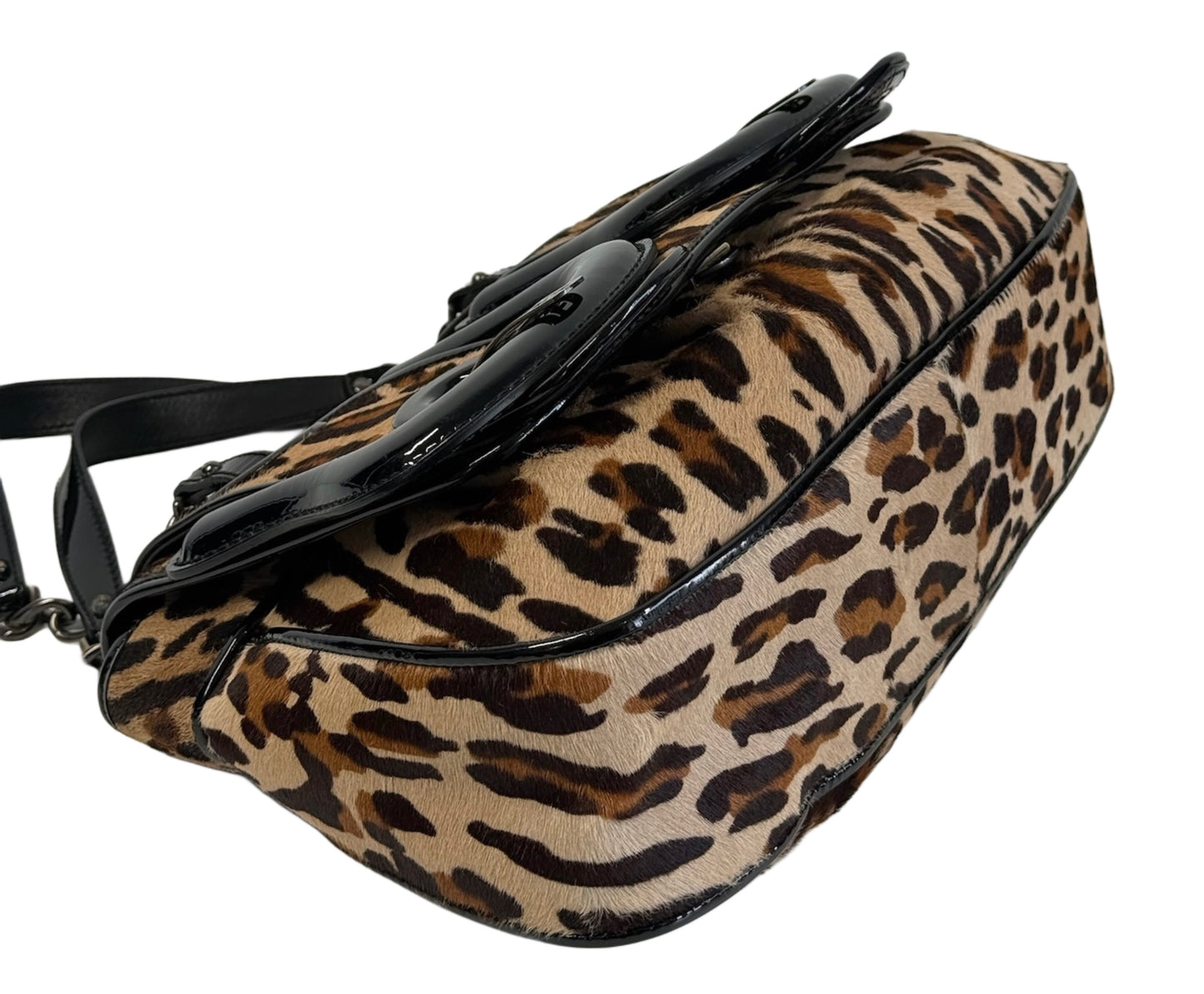 Fendi Vintage Brown Leopard Print Pony Hair Black Patent Leather Logo Buckle Shoulder Bag