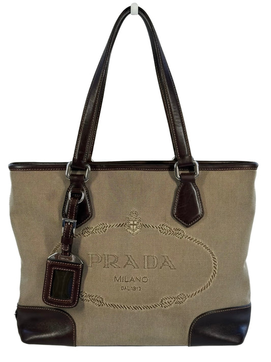 Prada Vintage Brown Jacquard Canapa Canvas Small Shoulder Tote Bag