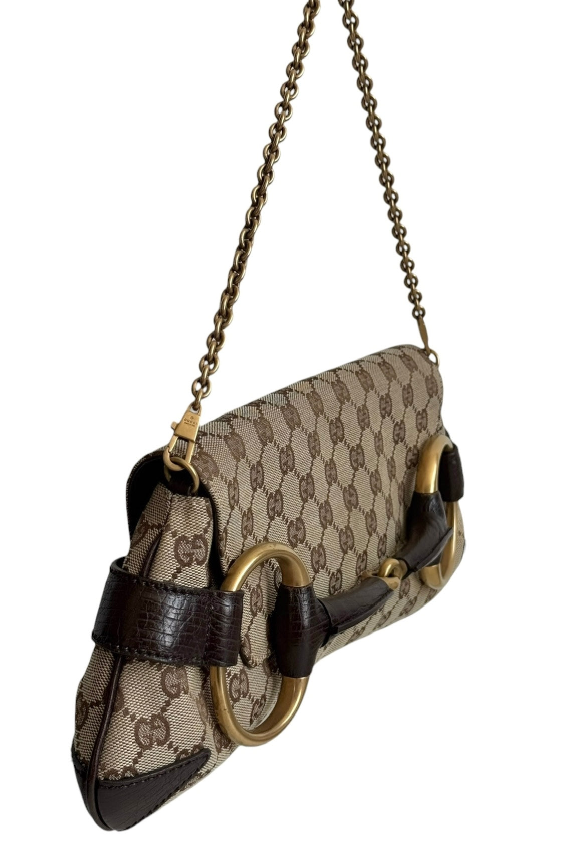 Gucci Vintage Brown GG Monogram Large Horsebit Shoulder Clutch Pochette Bag