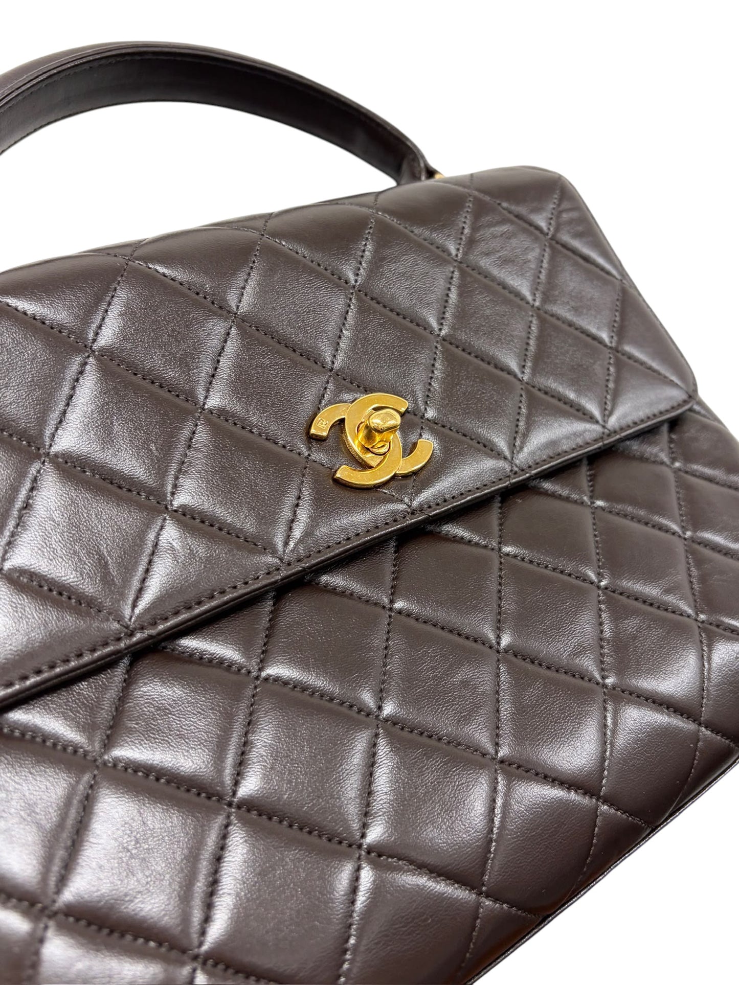 Chanel Vintage 90s Dark Brown Quilted Lambskin Small Kelly Top Handle Flap Bag with 24K Gold Plated Hardware - Spa Treated