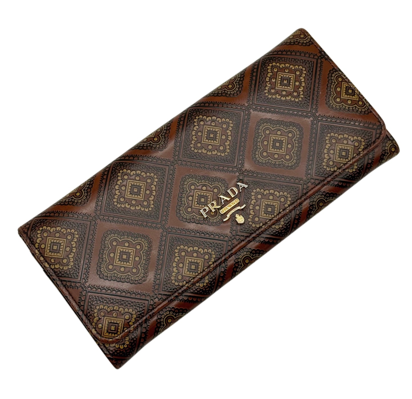 Prada Vintage Brown Leather Floral Pattern Long Snap Wallet
