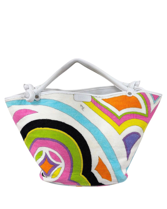 Pucci Vintage White Multicolor Terry Cloth Top Handle Hobo Tote Bag with Leather Trim