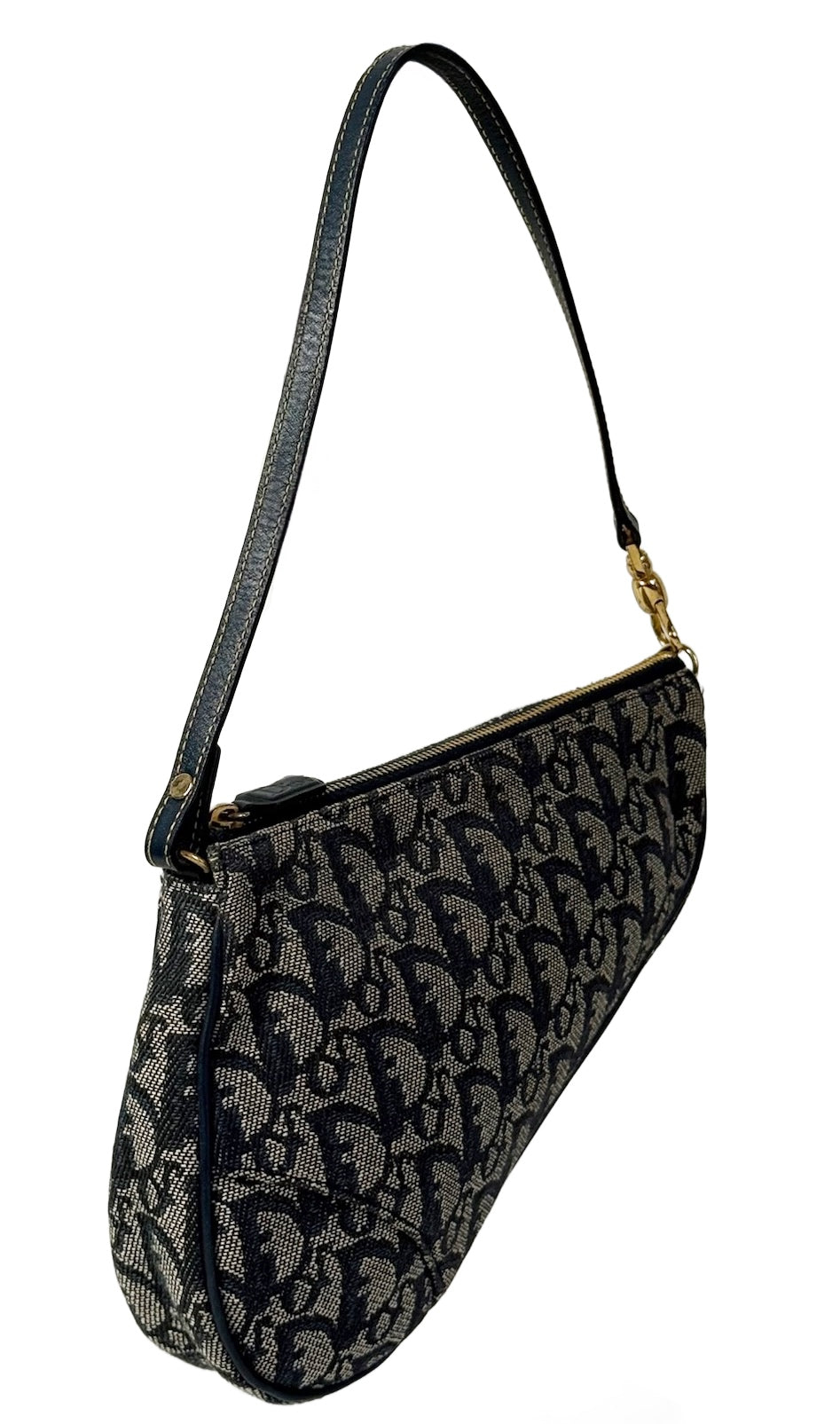 Dior Vintage 2001 Navy Blue Trotter Monogram Mini Saddle Pochette Shoulder Bag