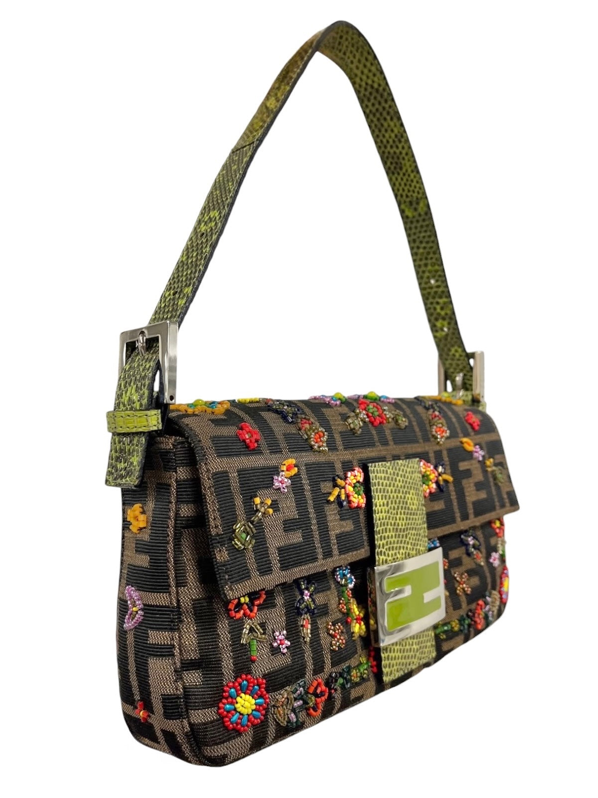 Fendi Vintage Brown Zucca Monogram Floral Beaded Green Lizard Trim Shoulder Baguette Bag