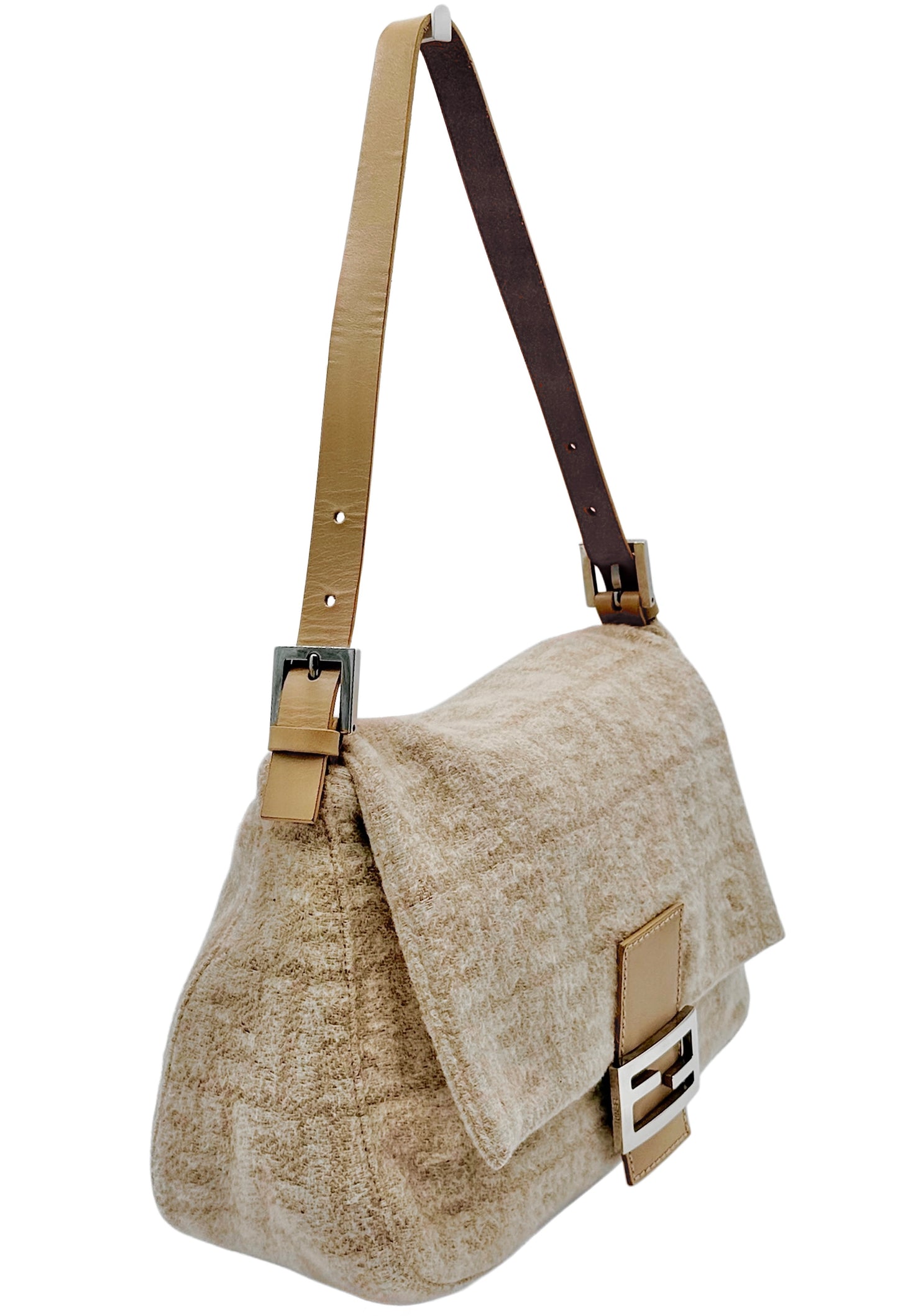 Fendi Vintage Beige Zucca Monogram Knit Wool Mamma Baguette Shoulder Bag