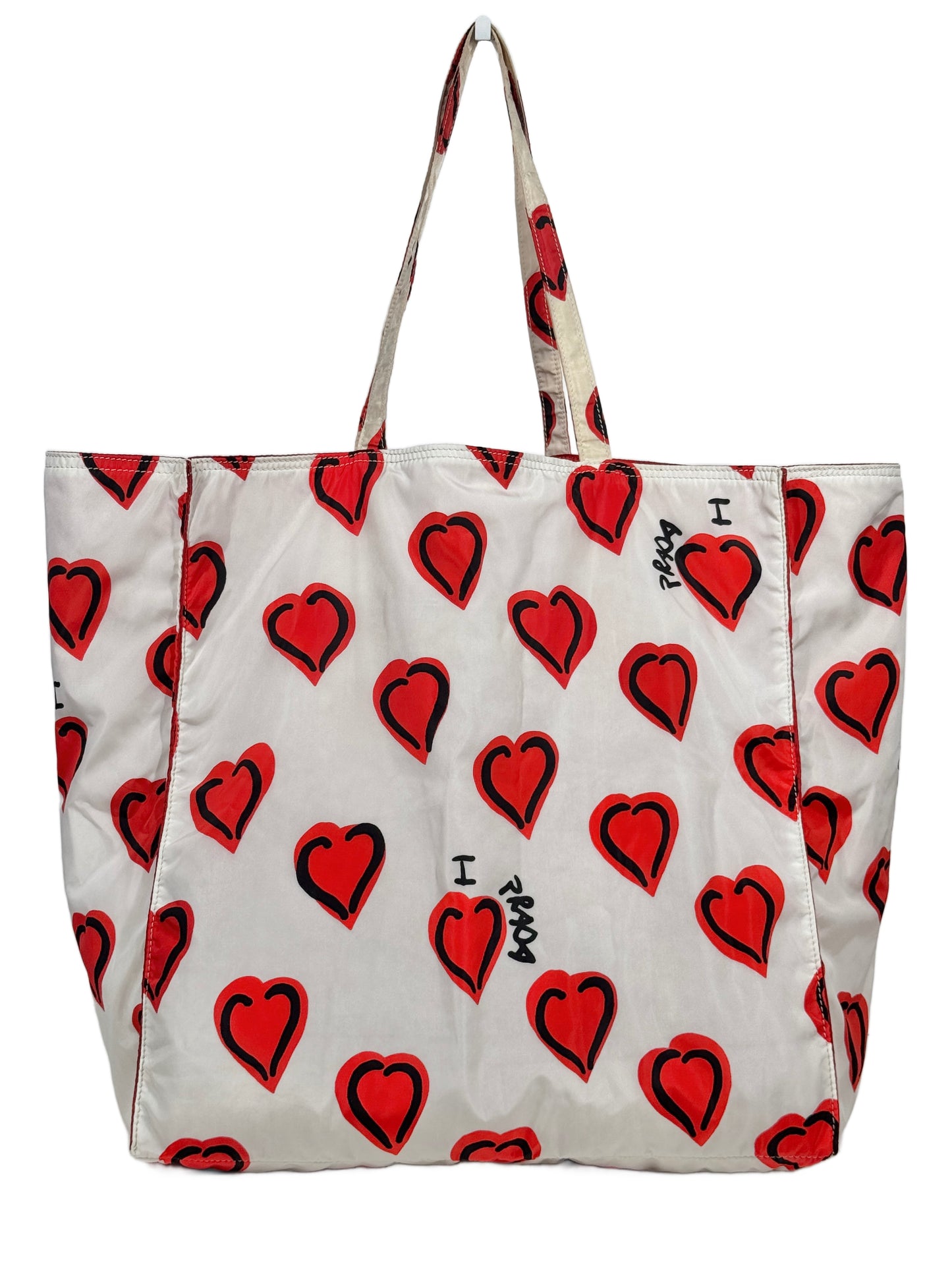 Prada Vintage White Nylon Red Heart Logo Large Shoulder Tote Bag