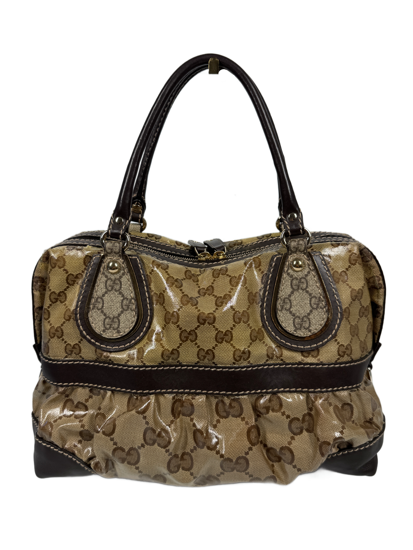 Gucci Vintage Coated Brown GG Monogram Canvas Crystal Mix Ruffle Handbag