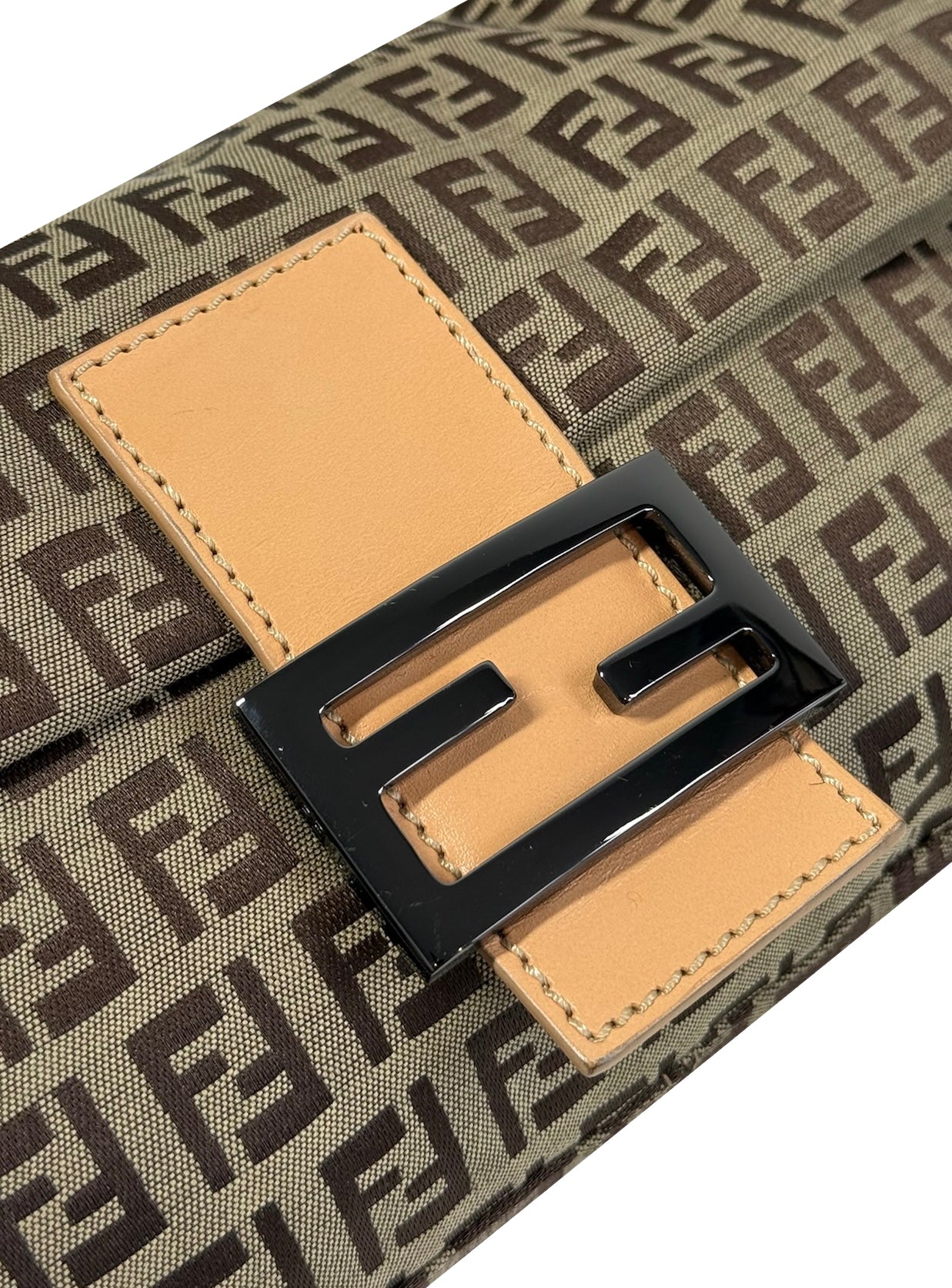 Fendi Vintage Light Brown Zucca Monogram Caramel Leather Trim Shoulder Baguette Bag