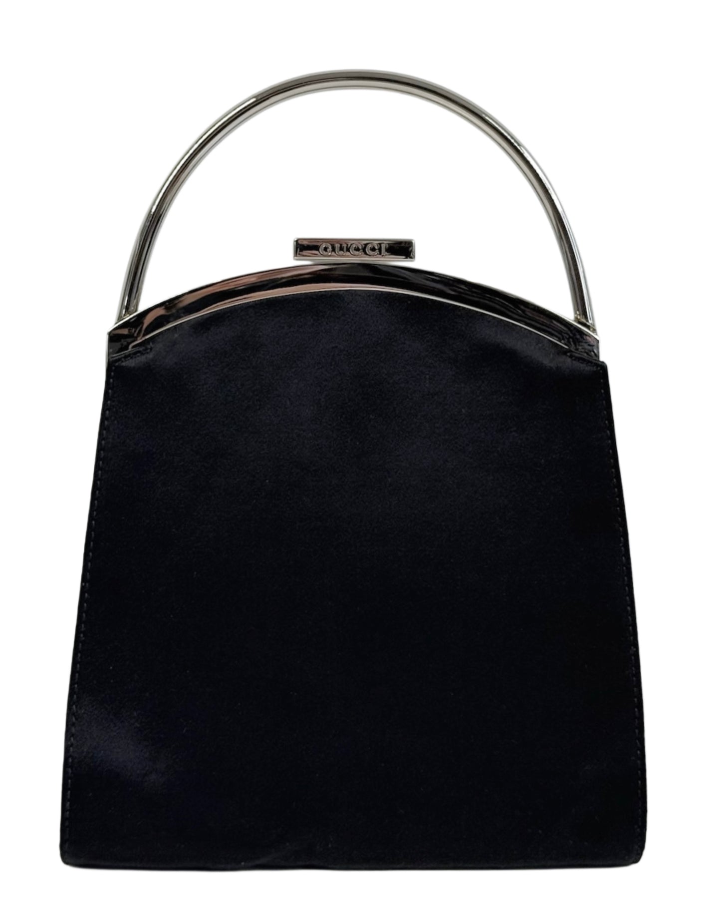 Gucci Vintage Tom Ford Era Black Satin Mini Metal Top Handle Kelly Style Evening Clutch Bag