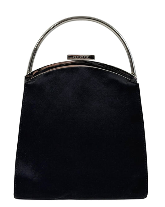 Gucci Vintage Tom Ford Era Black Satin Mini Metal Top Handle Kelly Style Evening Clutch Bag