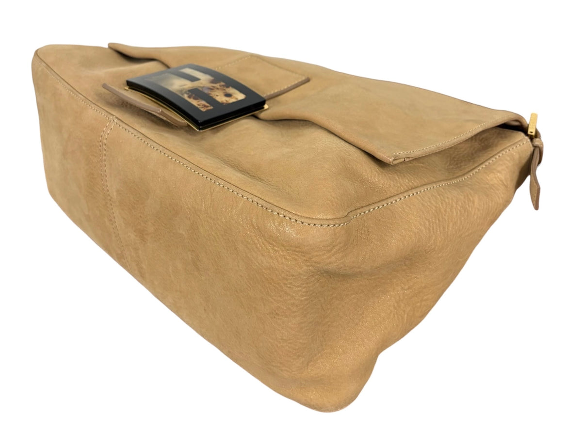 Fendi 2011 Tan Micro Suede Marble Logo XL Mamma Baguette Shoulder Bag