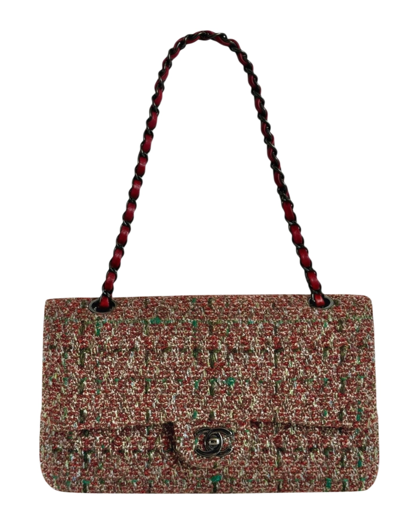 Chanel Multicolor Burgundy Tweed Classic Medium Double Flap Bag with Ruthenium Hardware