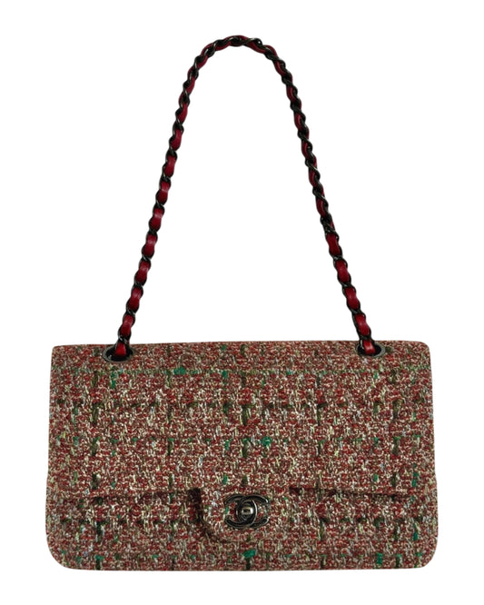 Chanel Multicolor Burgundy Tweed Classic Medium Double Flap Bag with Ruthenium Hardware