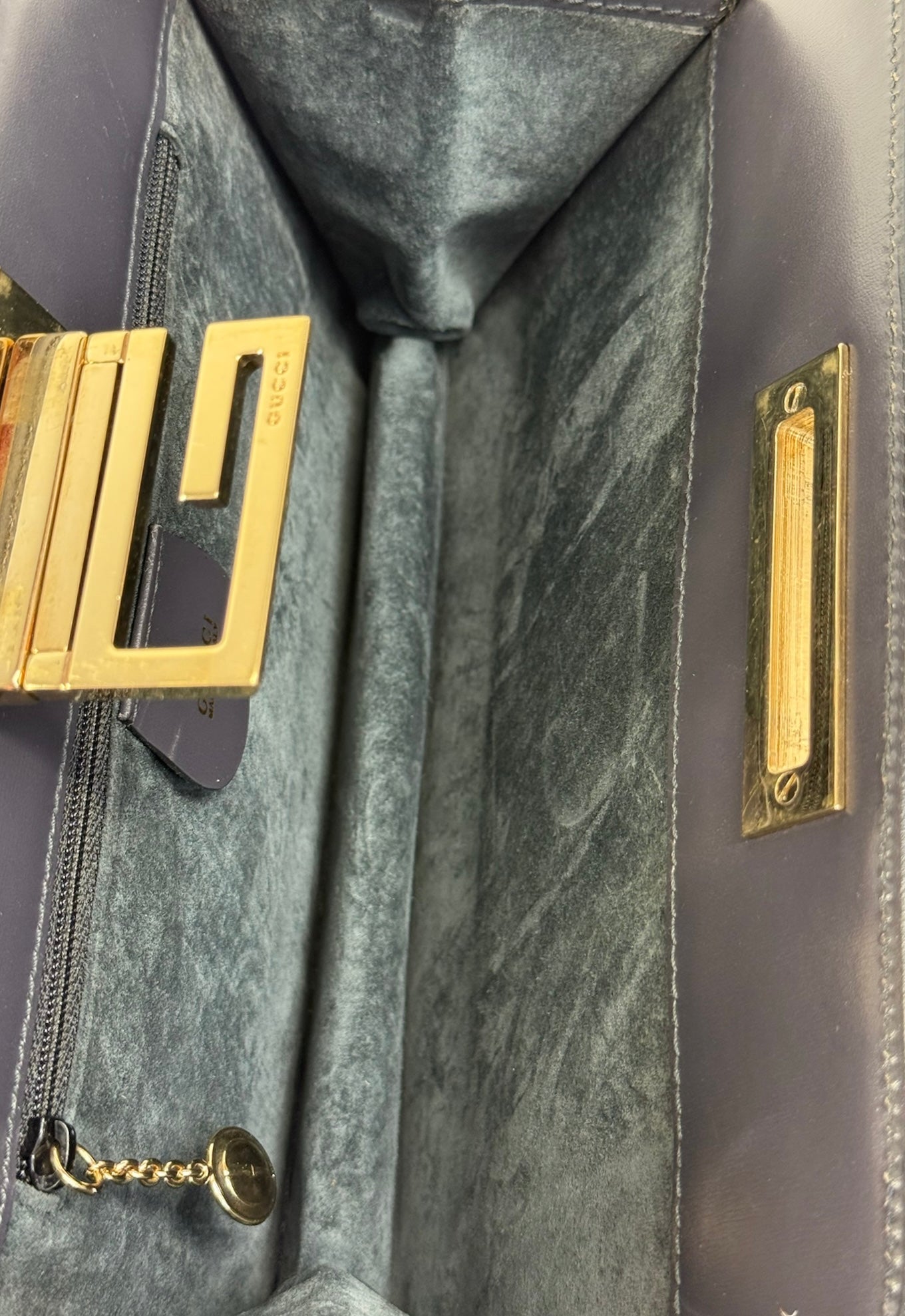 Gucci Vintage 80s Dark Gray Suede Trapezoid G Top Handle Shoulder Bag