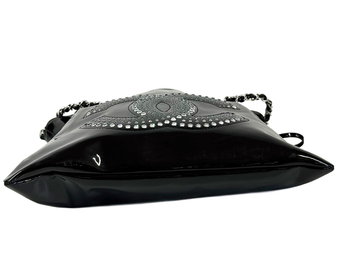 Chanel Vintage Black Patent Leather CC Crystal Embellished Bon Bon Chain Tote Shoulder Bag