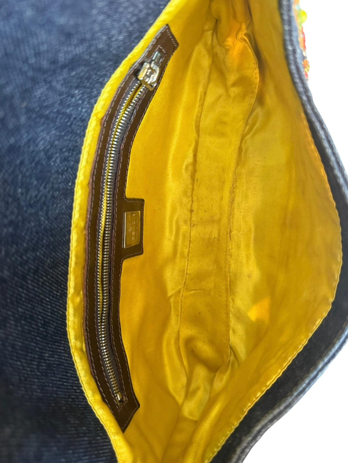 Fendi Vintage Blue Denim Floral Embroidered Beaded Shoulder Baguette Bag