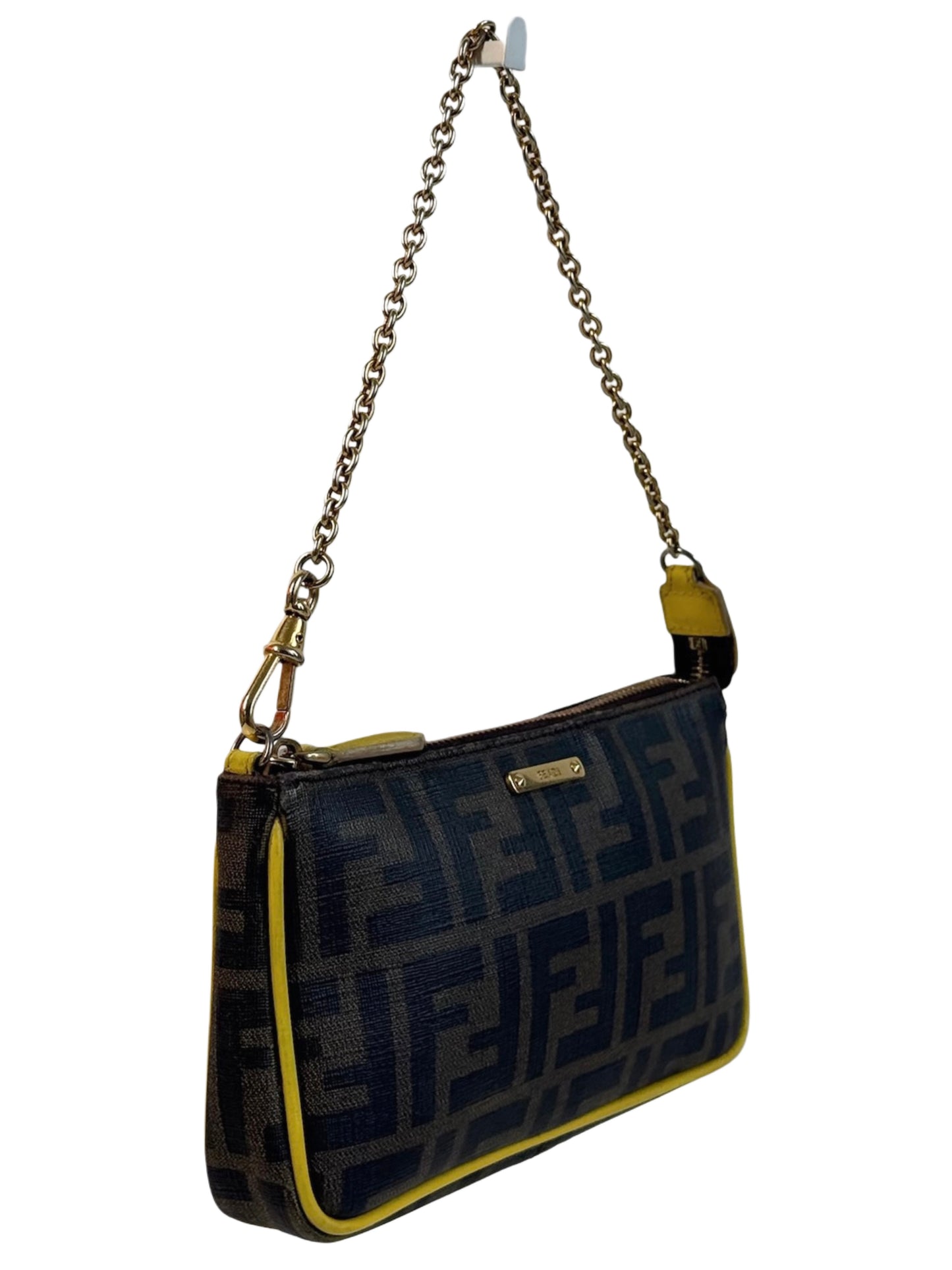 Fendi Vintage Brown Zucca Monogram Coated Canvas Pochette Bag w Yellow Leather Trim