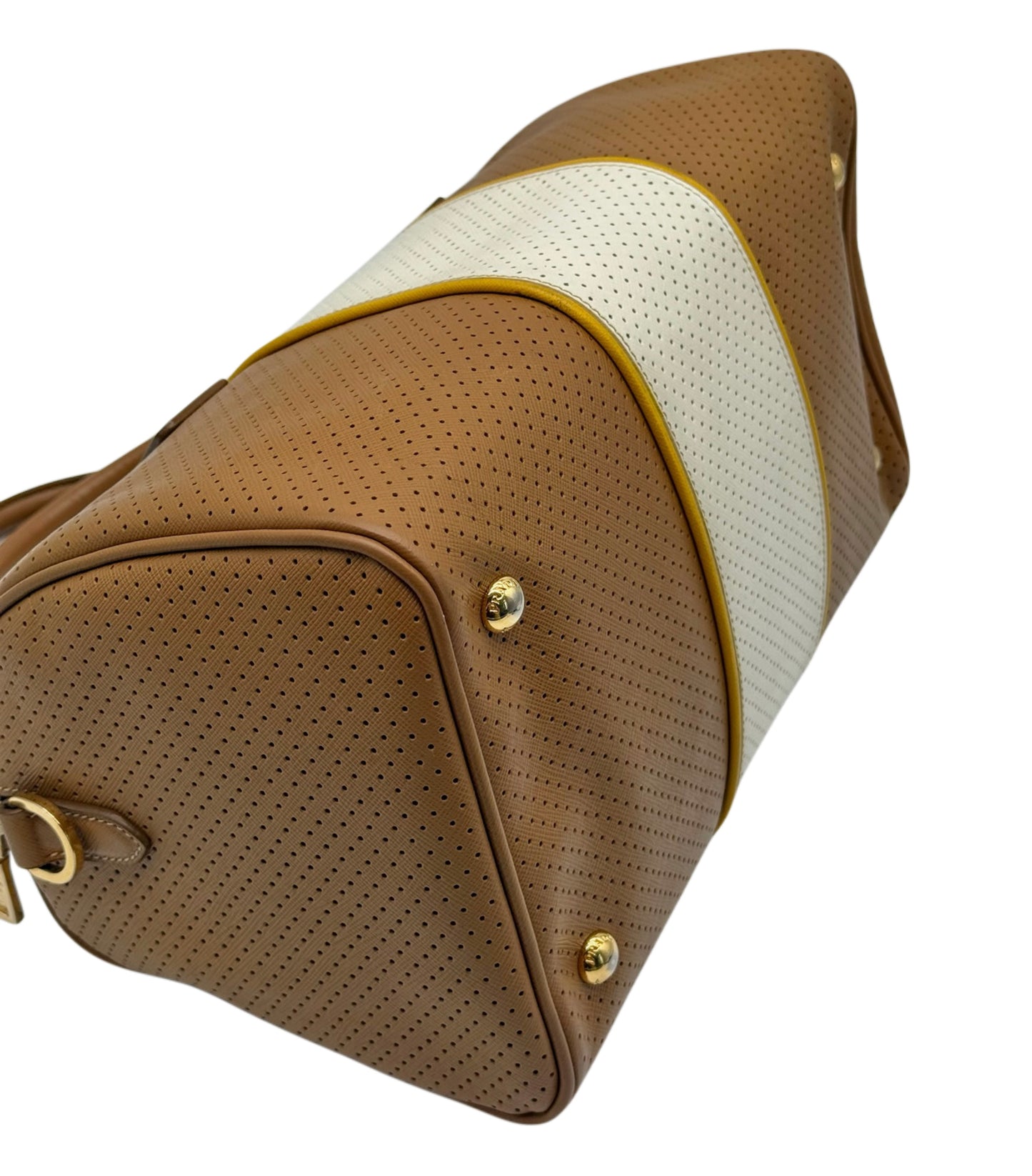Prada Vintage Beige & White Striped Perforated Leather Small Boston Top Handle Bag